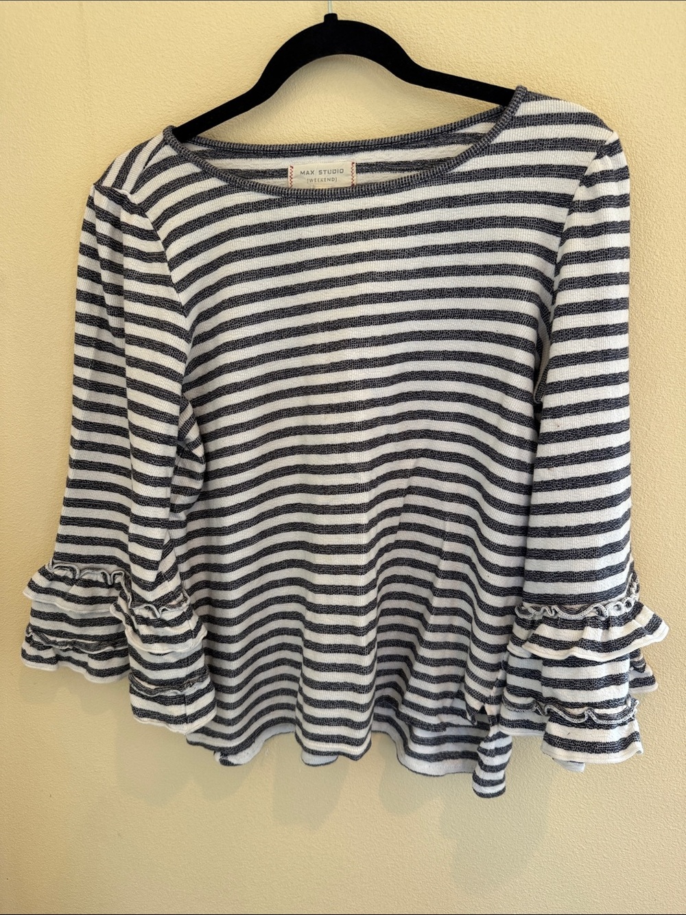 Max Studio Navy & White Striped Ruffle Sleeve Top